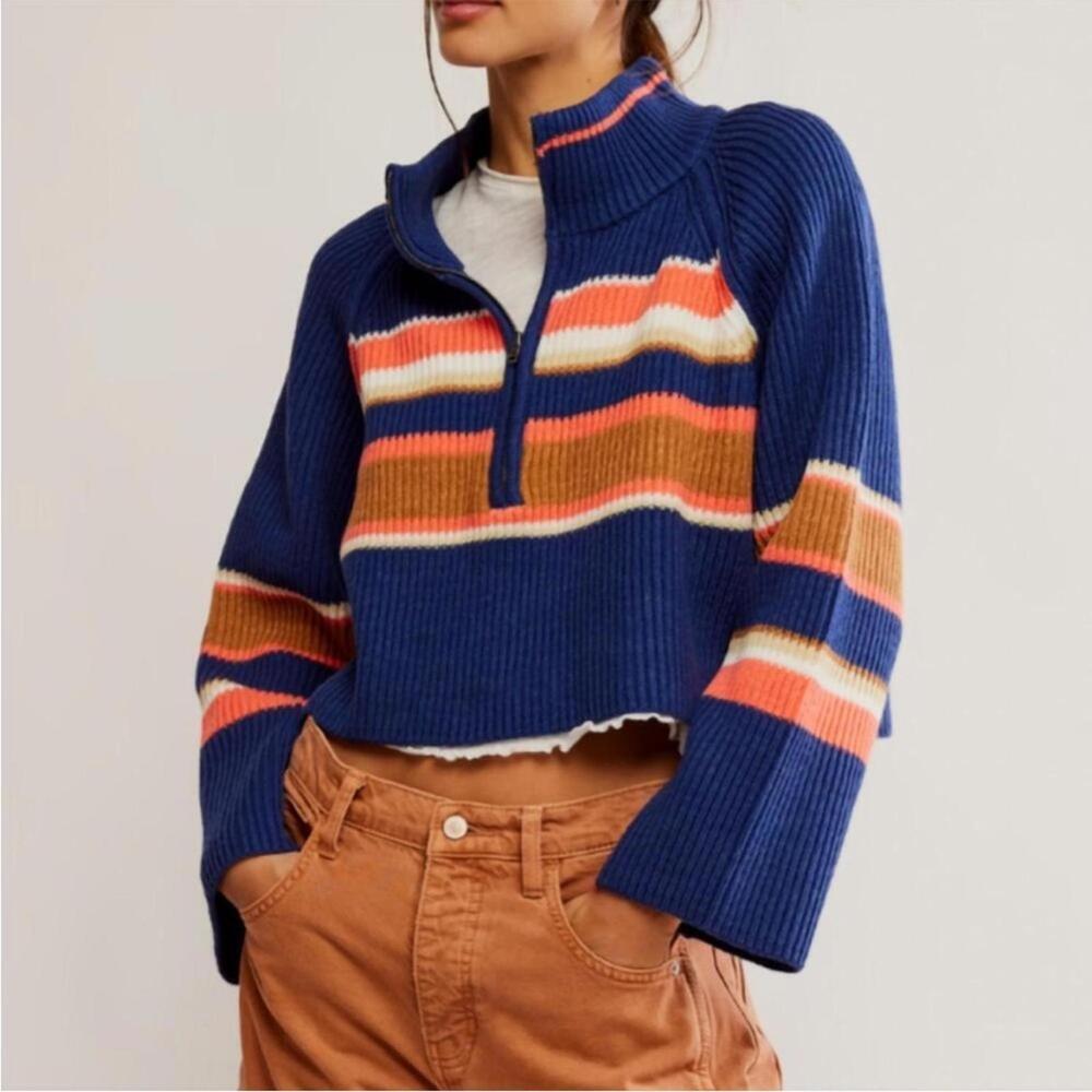 NWT FP Chunky Greta Striped Half Zip Rib Knit Sweater Indigo Pura Combo XL $128